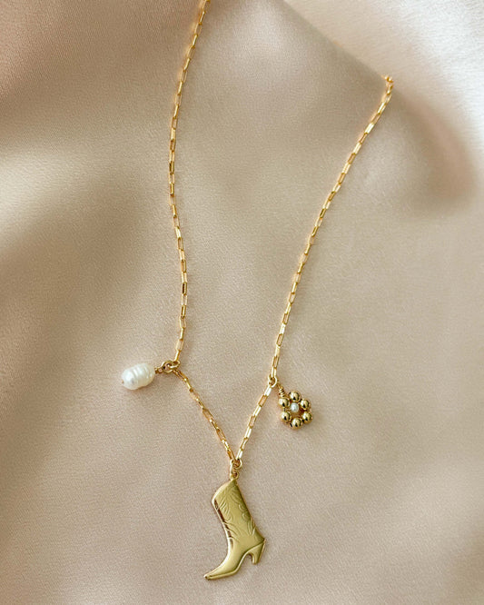 14k gold filled necklace with a cowgirl boot and a handmade flower charm and pearl accent