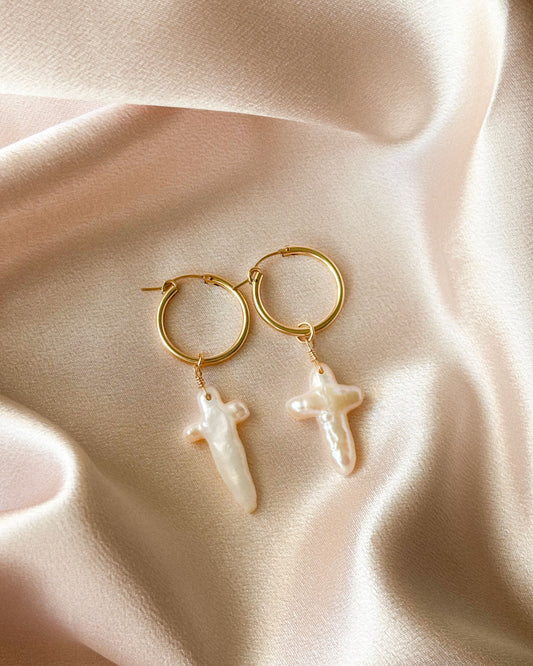 Pearl Cross Hoops